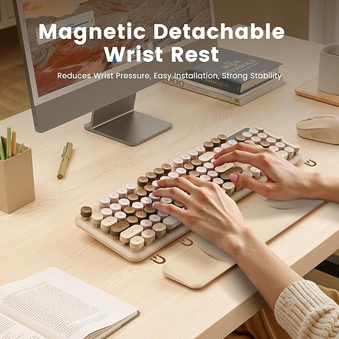 Wireless Keyboard, Round Keycaps, Retro Typewriter Keyboard with Detachable Wrist Rest, Sleep Mode, Foldable Legs, 2.4GHz Full-Size Cordless Computer Keyboard for Windows/PC/Laptop (Latte)