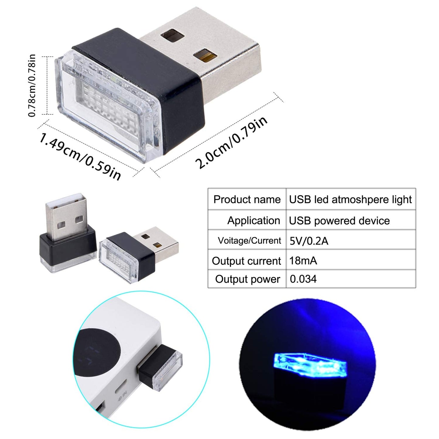 Febrytold Mini Usb Led Car Interior Lights - 2 Pcs, Blue, Abs Plastic, Model Fbd19120538, Ambient Atmosphere Lighting For Trunk