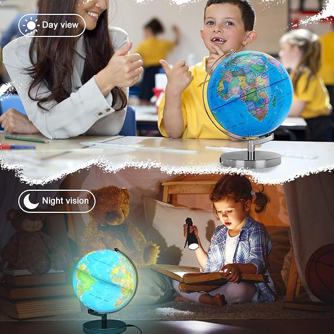 6 in1 Illuminated Large World Globe for Kids & Adults All Ages High Clear Map 12inch, Illuminates Educational Interactive STEM Toy, Light Up Kids Globe Lamp,Gifts For Boys And Girls