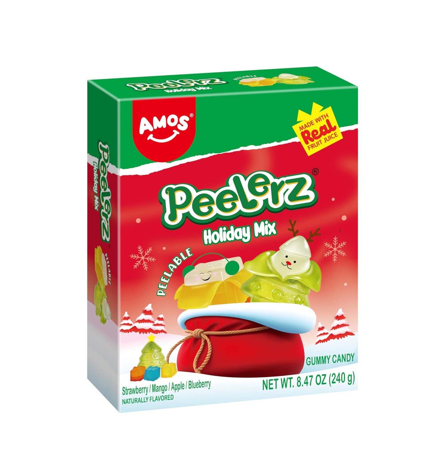 AMOS Peelerz Christmas Mix Peelable Gummy Candy 8.47oz (240g), Holiday Fruit Gummies Made with Real Fruit Juice, Fun Stocking St