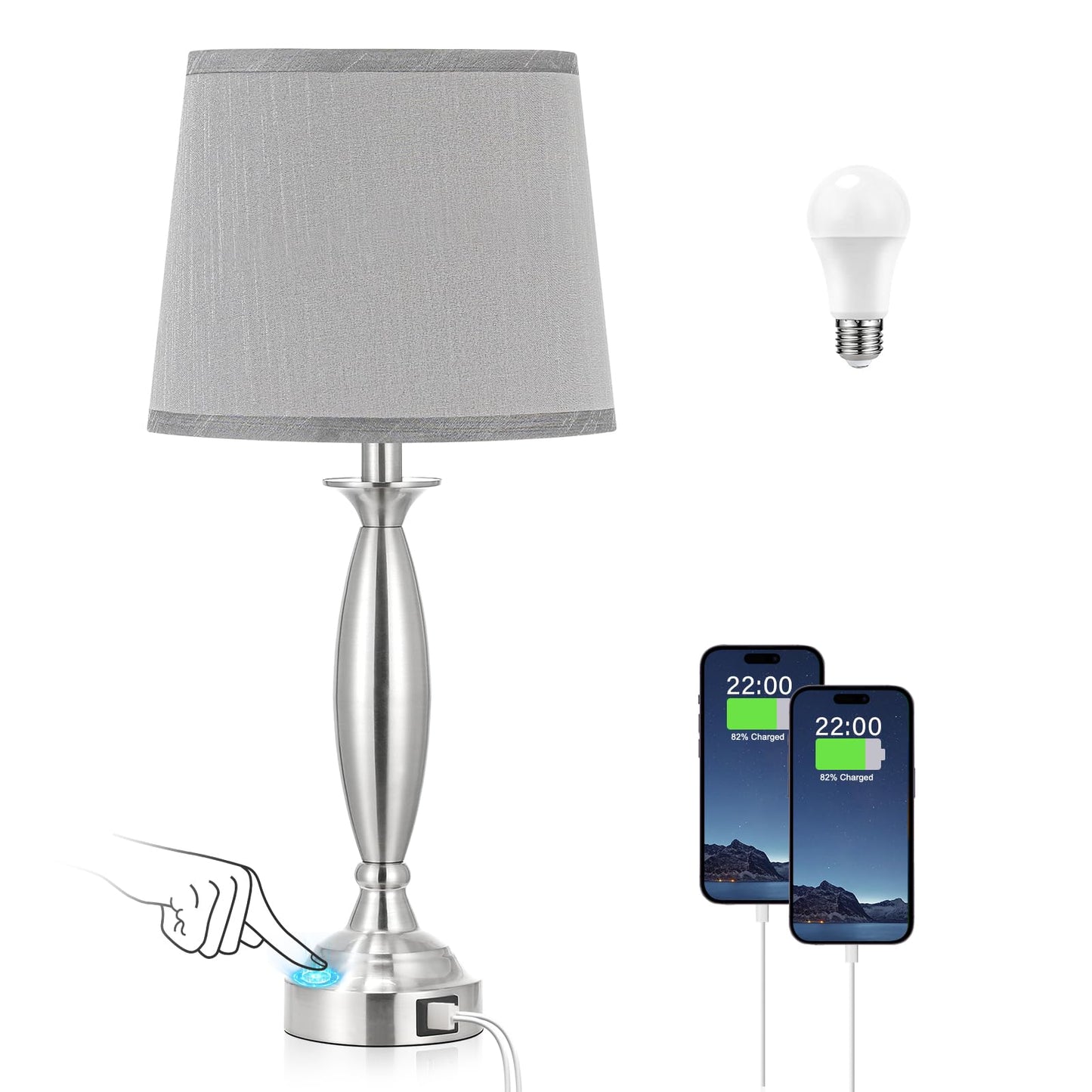 Seealle Touch Control Bedside Lamp, 3 Way Dimmable, USB C+A, 22.5in, Brushed Nickel, H. Grey Shade, Model jinshuzhu 1