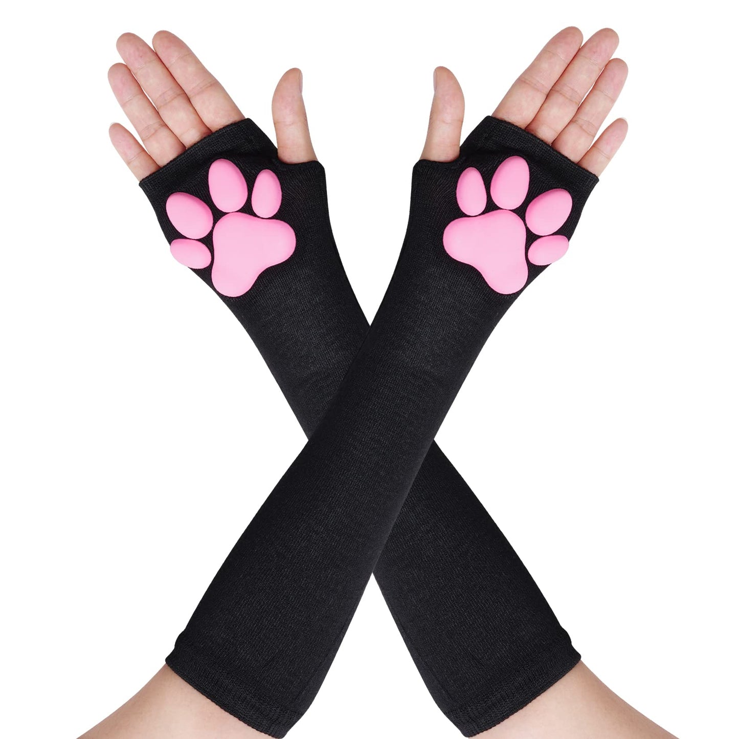 Nydotd Cat Paw Pad Mittens Gloves Kawaii Pink 3D Claw Fingerless Cute Cat Cosplay Gloves Sleeve for Girls Halloween Party (Black, Long)