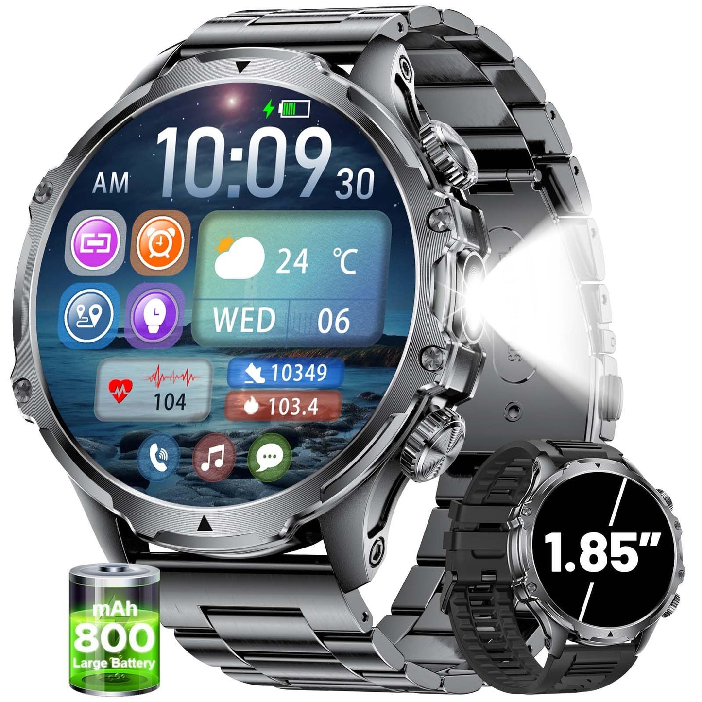 Militrary Smart Watch for Men,1.85" HD/800mAh Battery Smart Watches for Android/iOS (Bluetooth Call Answer/Calls)Fitness Tracker,Flashlight/IP68 Waterproof/100+ Sports/Sleep Tracker Smartwatch Large