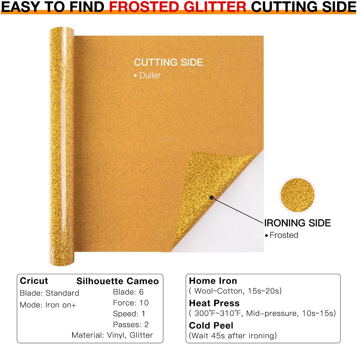 HTVRONT Gold Glitter HTV Heat Transfer Vinyl Rolls - 10" x 8ft Gold Glitter HTV Vinyl for Shirts, Glitter Iron on Vinyl for All Cutting Machine - Easy to Cut & Weed for Heat Vinyl Design (Gold)