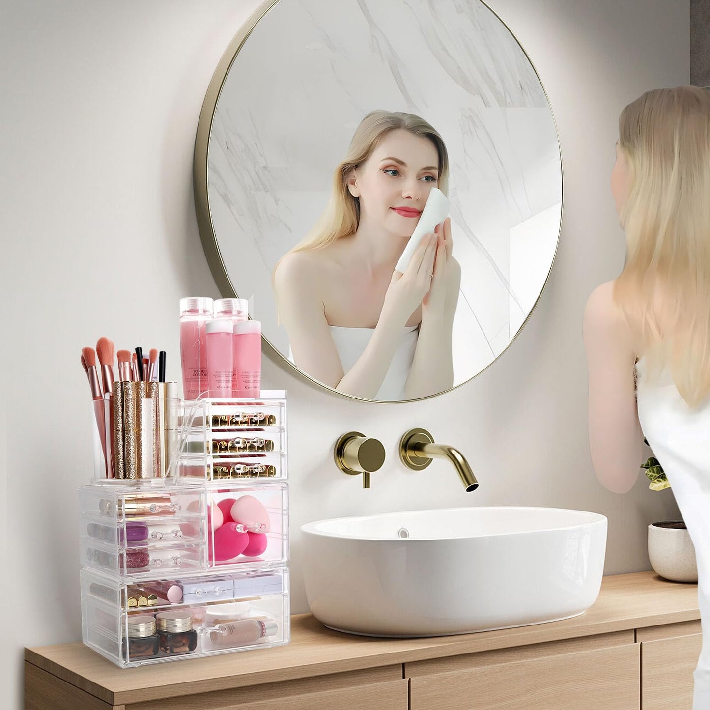 AUOIKK Clear Makeup Organizer with 9 Drawers & Rotating Brush Holder - Large Capacity Cosmetic Display Cases Storage for Vanity,