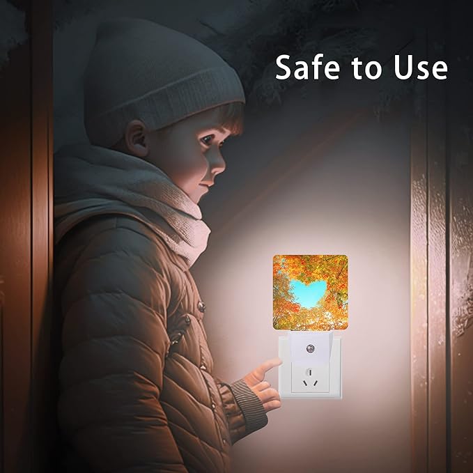 Blue Heart Sky Night Light,Autumn Red Maple Leaves Forest Trees Plug-in Night Lights with Dusk-to-Dawn Sensor for Stairway/Hallway/Bedroom Sleep Friendly Ideal for Women/Girls/Boys Gift,0.5W