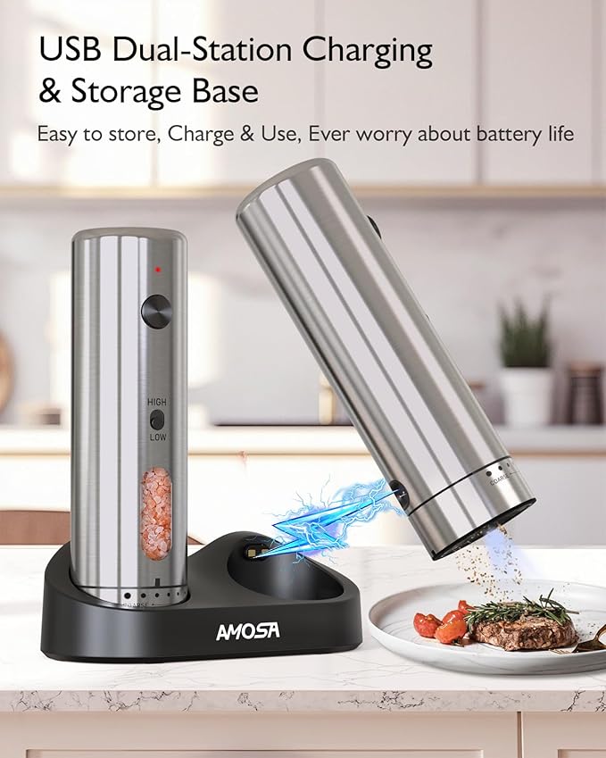 Electric Salt and Pepper Grinder Set, Upgraded 2-Speed Setting, External 6 Adjustable Coarseness, USB C Dual Rechargeable Base, All Stainless Steel Automatic Salt & Pepper Mill Shakers with LED Light