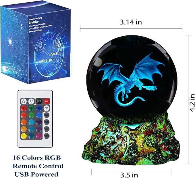 Dragon Night Light, 3.15 Inch (80mm) K9 Crystal Upgraded Volcanic Lava Base 3D Lamp with Remote 16 Color for Birthday Xmas Cool Figurines Dragon Gifts for Room Decor Boys Girls