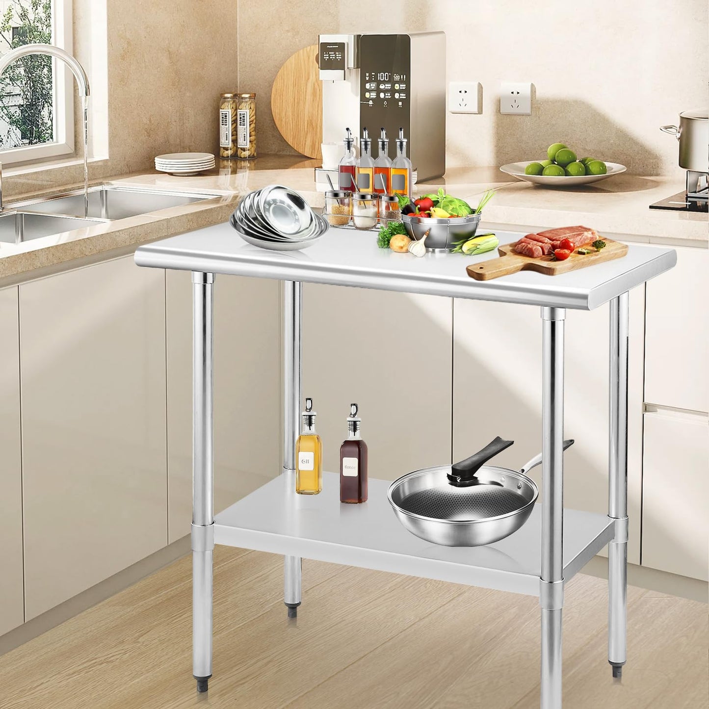 STABLEINK NSF Stainless Steel Prep Table, 30 x 48 Inches 4ft Metal Workbench with Adjustable Lower Undershelf, for Commercial Kitchen, Restaurant, Hotel, Laundry and Garage