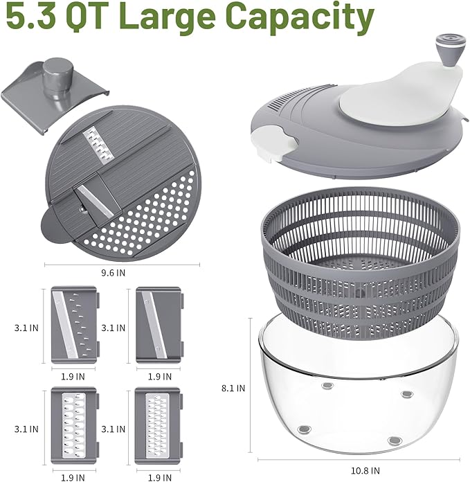 Salad Spinner, 5.3 QT Lettuce Spinner with Strainer, Fruit Cleaner with 4 Replaceable Blade for Shredding, Slicing and Pureeing, Salad Washer & Dryer for Quick Washing (Grey)