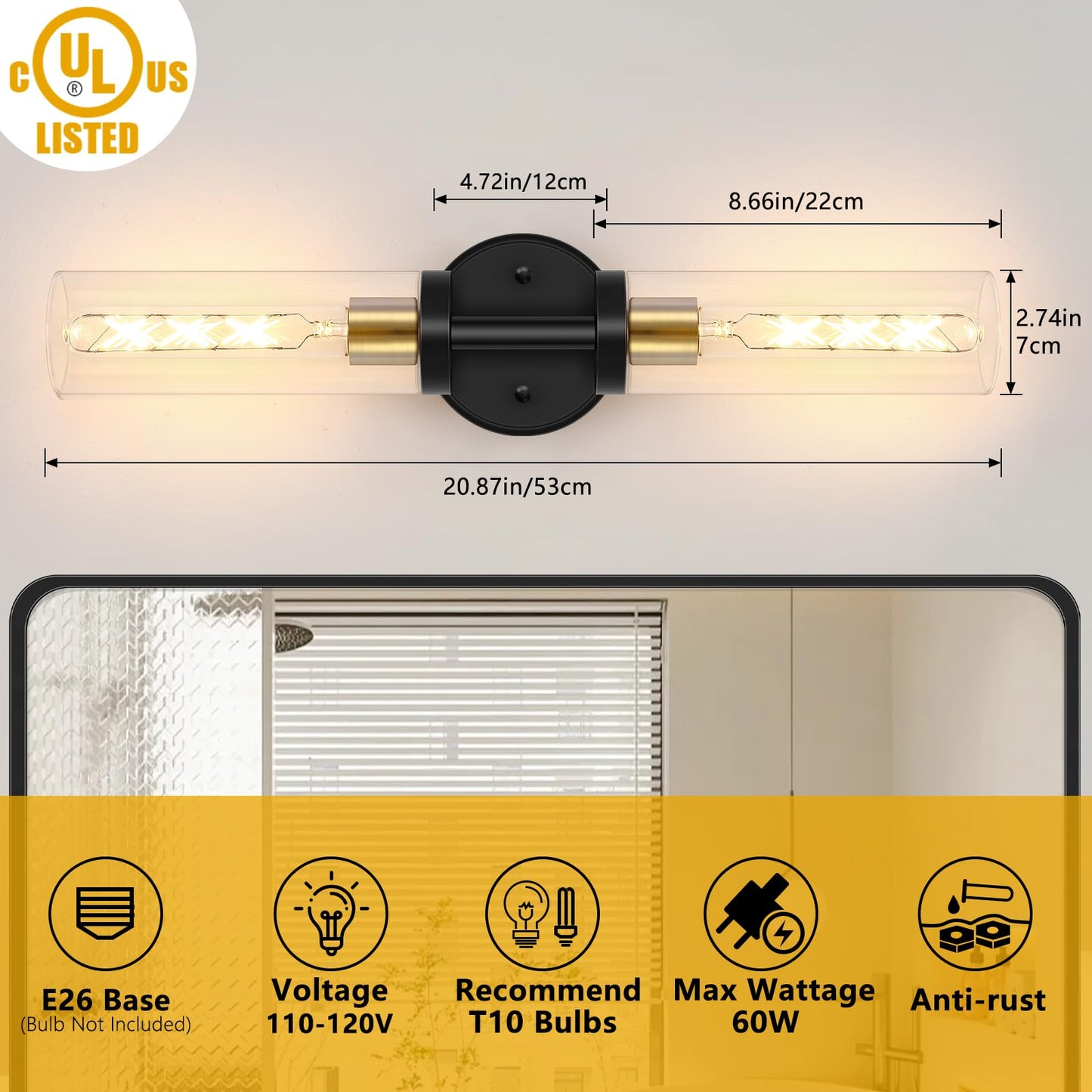 Baocuz 2-Light Bathroom Vanity Lighting, Black & Gold, Clear Glass, Indoor Wall Sconces, Model STCGS-2P-BG, Set of 2