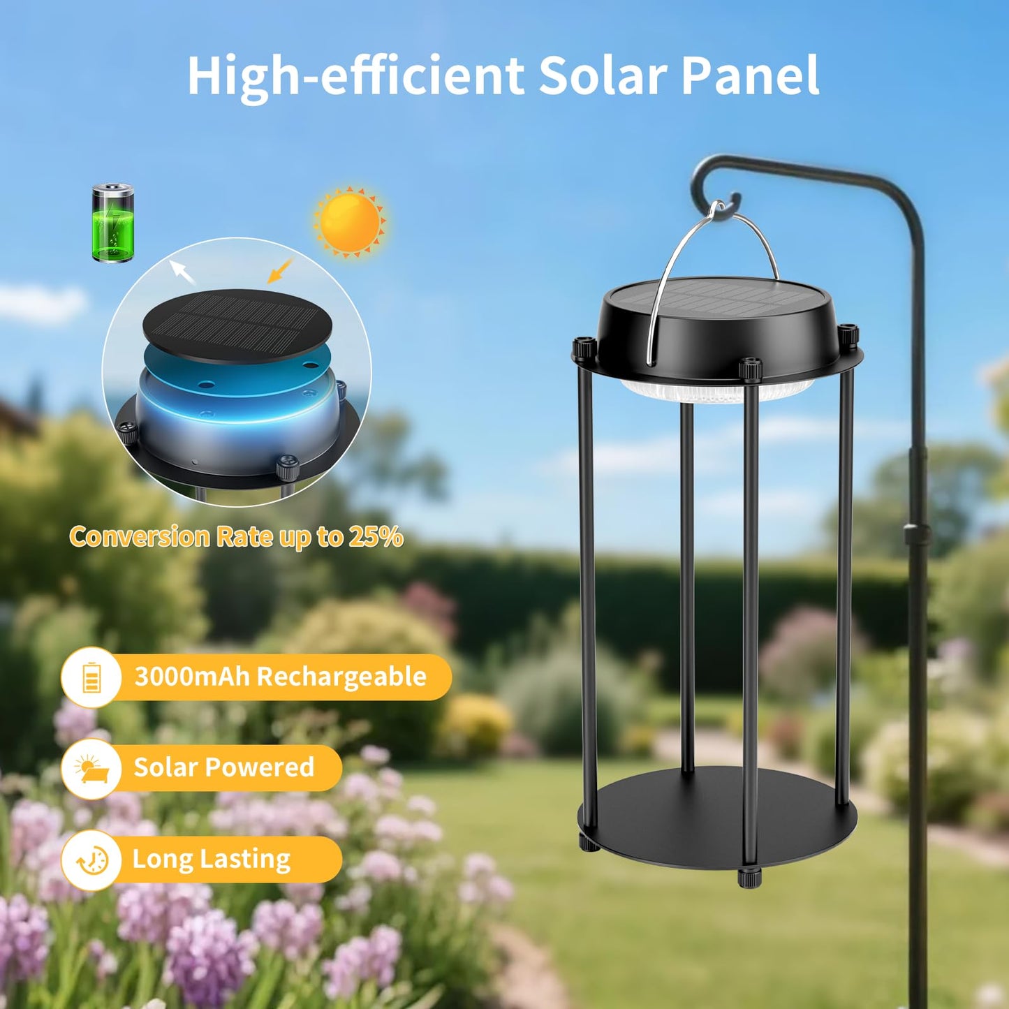 Bsgifts Solar Lantern, LED Hanging Light, 3 Color Modes, Waterproof, Black, Model CL-TD07A