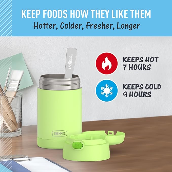 THERMOS FUNTAINER 16 Ounce Stainless Steel Vacuum Insulated Food Jar with Folding Spoon, Neon Lime