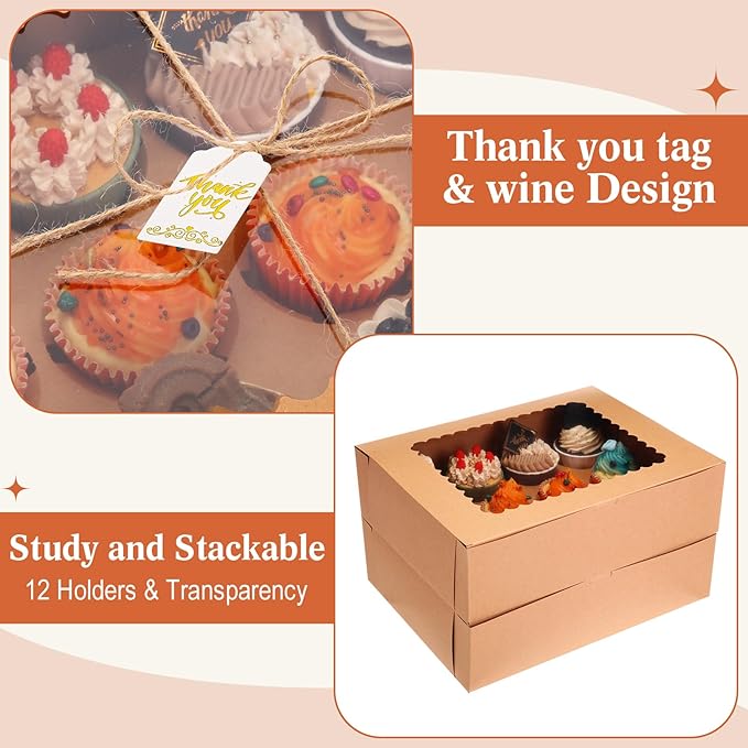 36 Pack Cupcake Boxes Hold 12 Count Christmas Disposable Cupcake Containers with Window and Insert Cake Carrier with Thanks Card and Jute Rope to Muffins Cupcakes Cookies Gift Wrapping(Nature)