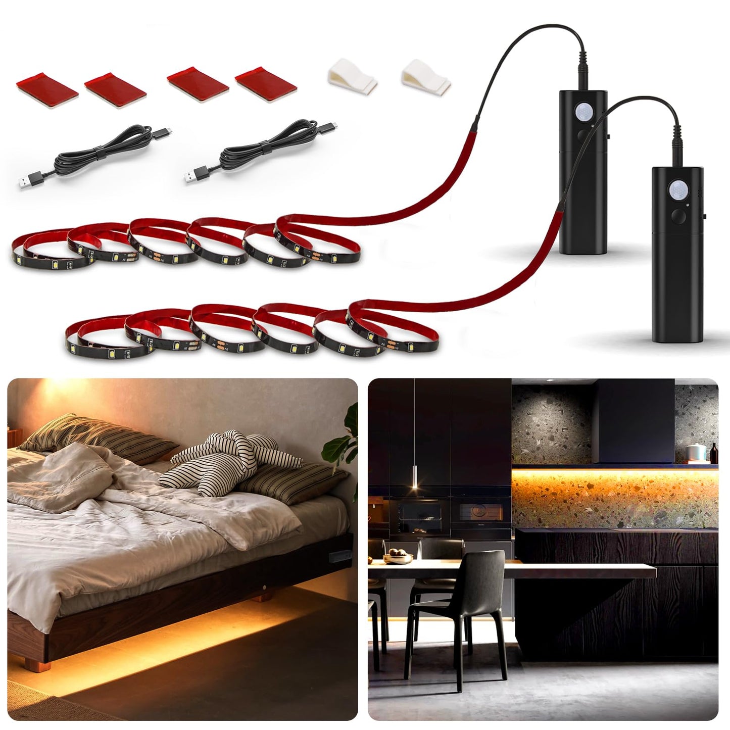 Wobane Led Motion Sensor Strip Light, 2 Pack, 6.56Ft, Warm White (2700K), Black, Battery Operated, Ideal For Closet And Cabinet Lighting