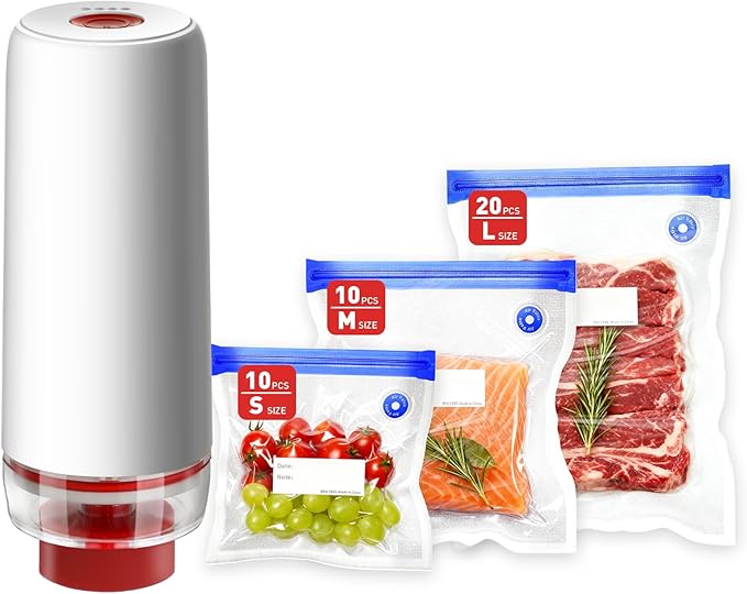 Portable Vacuum Sealer Set, Compact Handheld Vacuum Sealer Machine + 40 Pcs Reusable Vacuum Bags for Food Storage, Sous Vide Cooking, Freezer, Microwave Heating