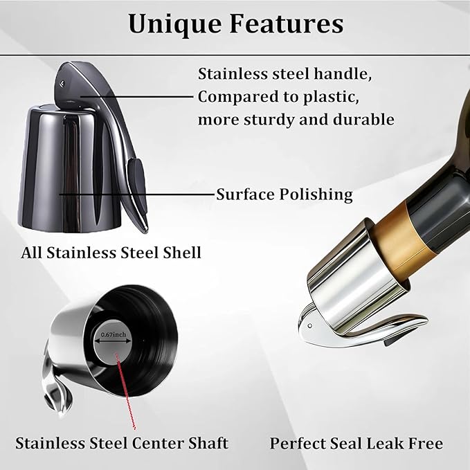 Pafusen Wine Stoppers Set of 2, Stainless Steel Wine Bottle Stopper with Silicone Seal, Reusable Wine Freshness Keep, Wine Saver Wine Bottle Sealer Stopper, Wine Accessories (Black)