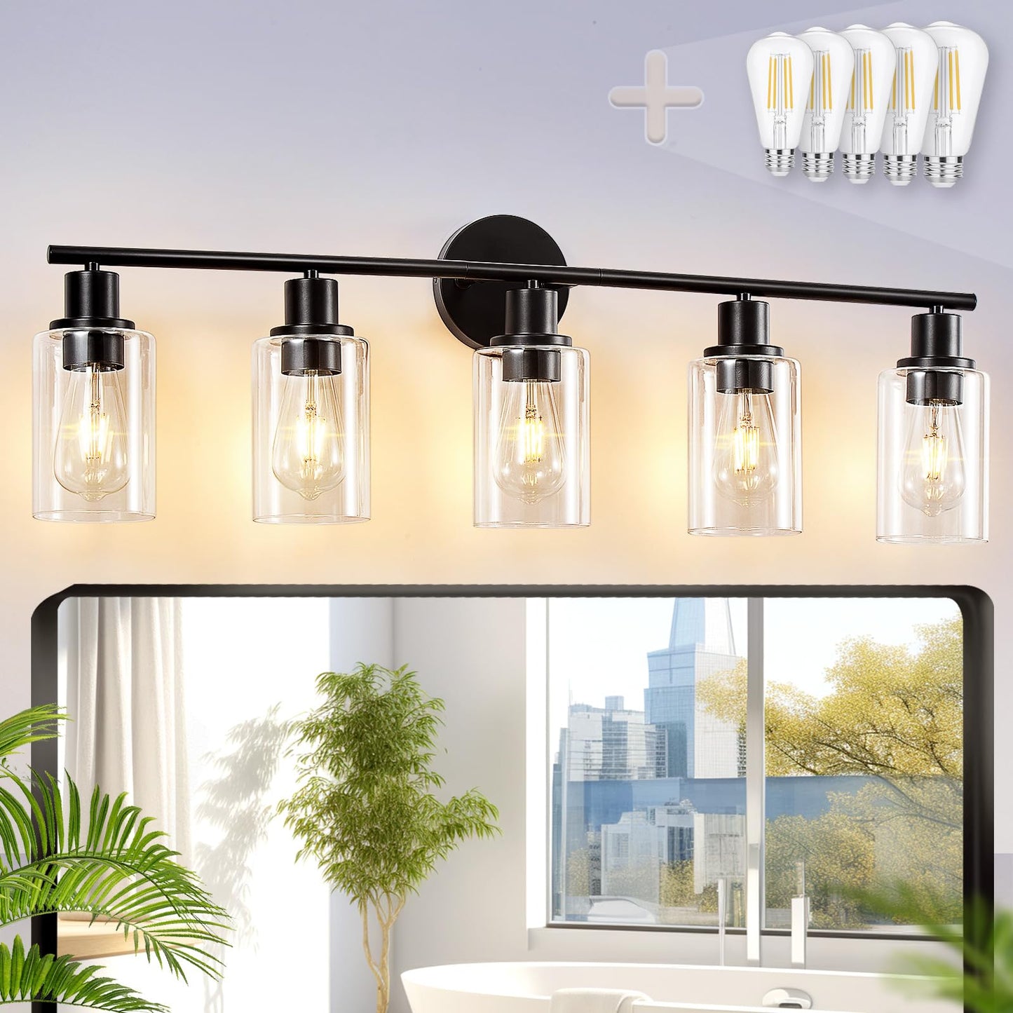 DINGLILIGHTING DLLT 5-Light Bathroom Light Fixture - Black Metal Vanity Lights with Clear Glass Shade