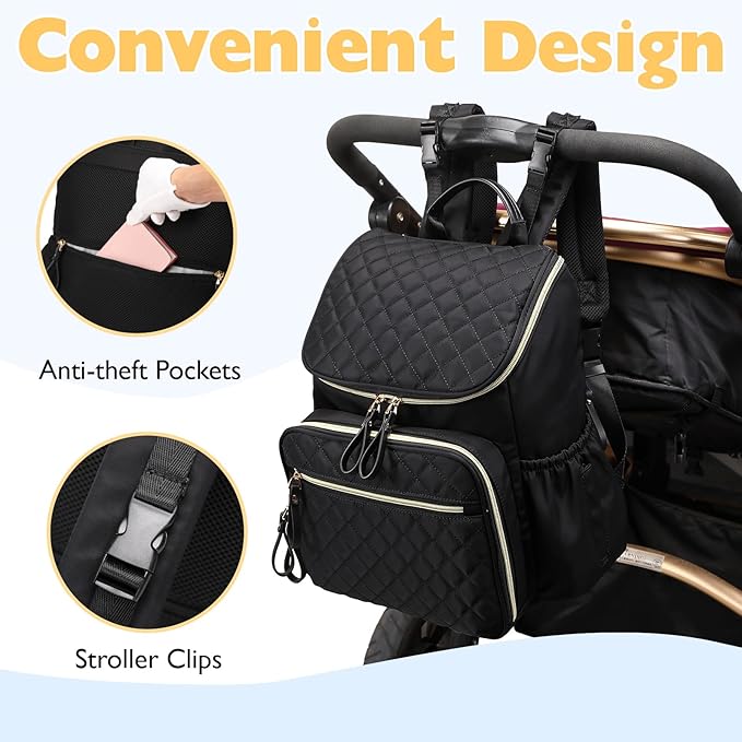 Large Capacity Diaper Bag Backpack with Stroller Buckle, Water-Resistant Travel Baby Bag with Insulated Pockets (Classic, Black)