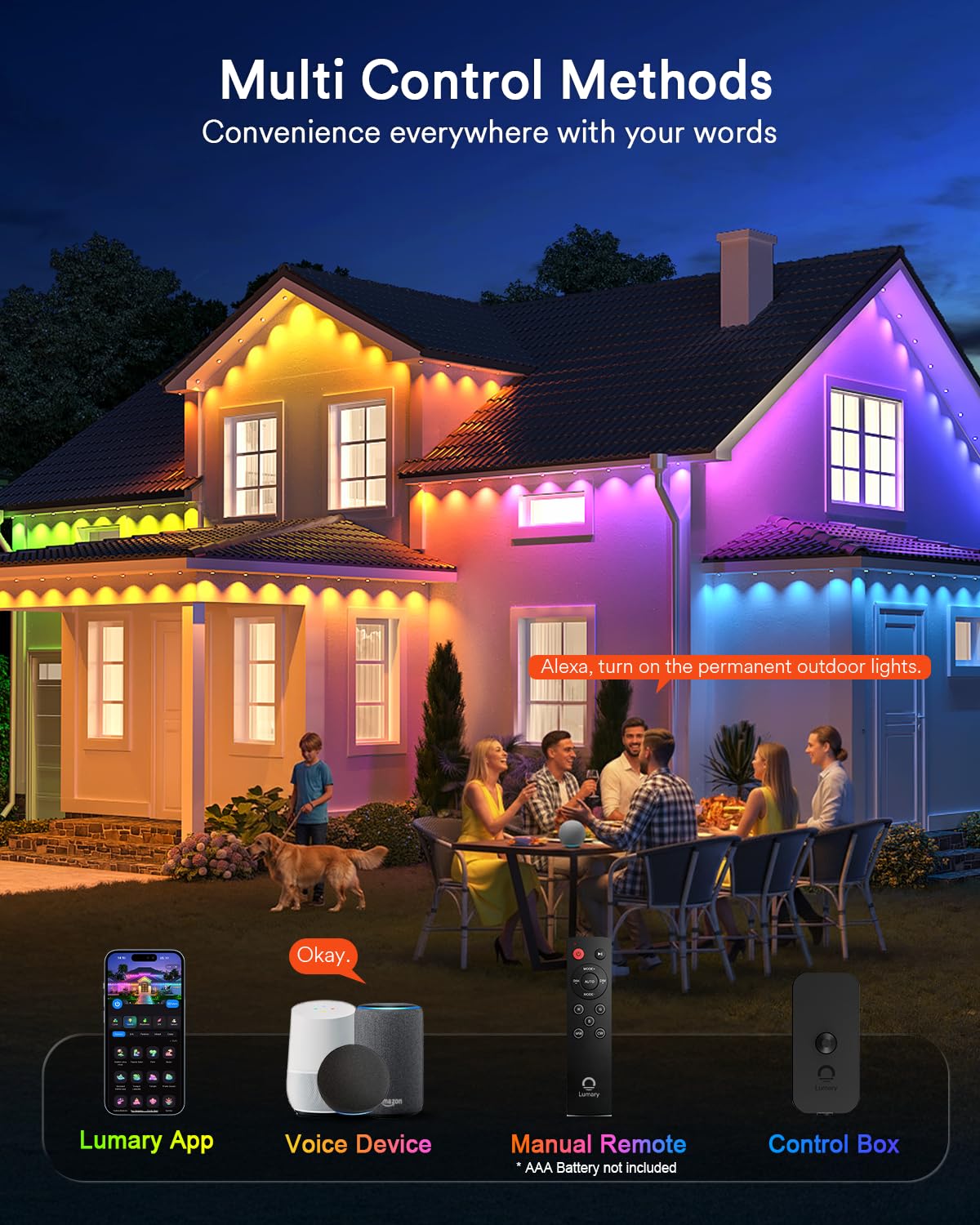 Lumary Smart Permanent Outdoor Lights 2 With Remote & Slide-Base  100Ft With 60 Rgbaicw Leds 3600Lm For Daily & Accent Lighting  110+ Modes For Halloween Christmas Decor  Work With Alexa Google  Black