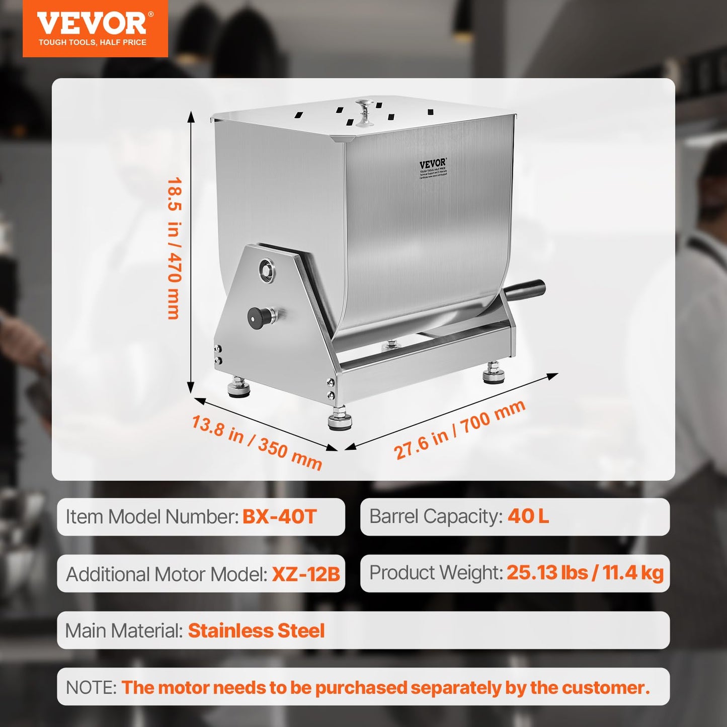 VEVOR Manual Meat Mixer, 80 Pound Capacity Tilt Tank Meat Mixer, Stainless Steel Meat Processing Equipment, Sausage Mixer Machine with Lid and Handle, Ground Beef Hand Mixer, Silver