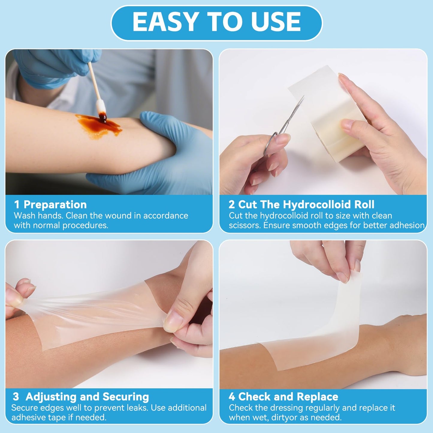 Hydrocolloid Bandages for Wound Care, Medical-Grade Hydrocolloid Roll with Self-Adhesive, Ultra Absorbent, Flexible & Waterproof, Cut-to-Size First Aid Kit Essential (2in*4.8ft)