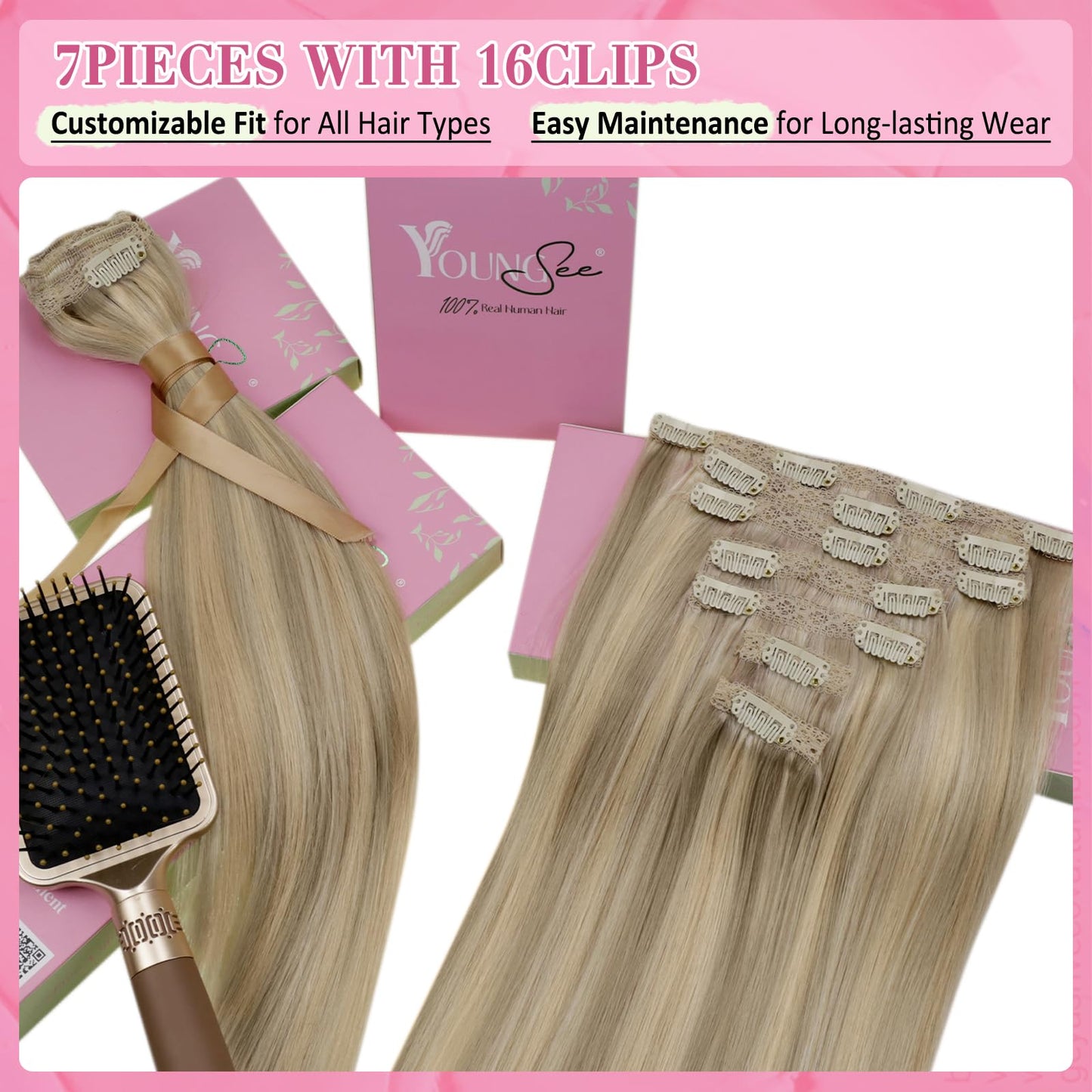 YoungSee Clip in Human Hair Extension Highlight Clip in Extensions with Lace Light Blonde Mixed Golden Blonde Highlight 7Pcs 20I
