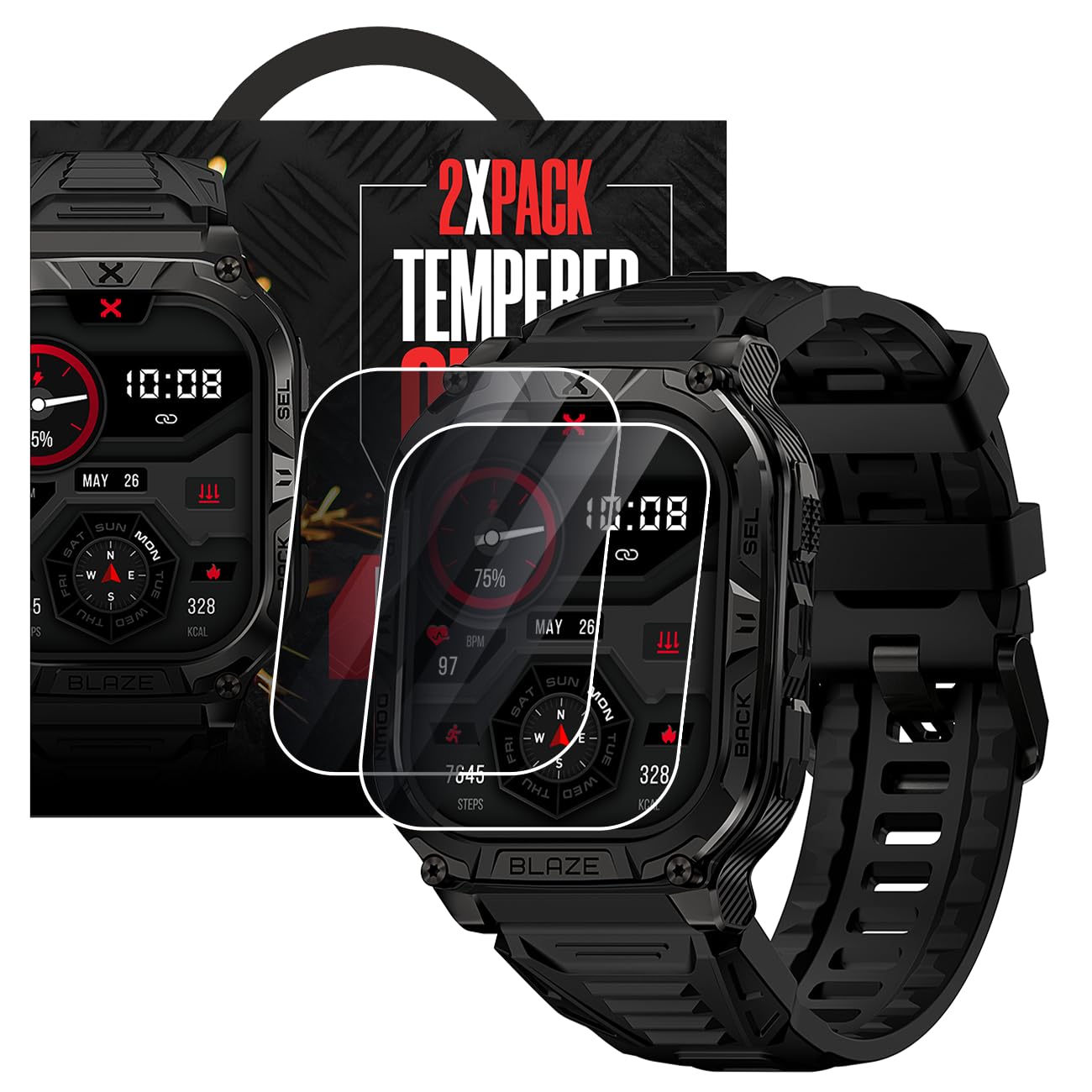 CARBINOX Blaze Smart Watch Ultimate Pack with GPS, Rugged Fitness Tracker Waterproof IP69K, Compatible with Android and iOS, 170+ Sports Modes, Make/Receive Calls (Square)