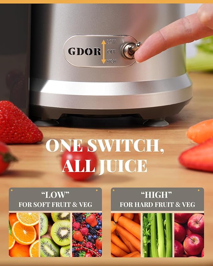 GDOR Powerful 1200W Juicer Machine, 3.2" Wide Chute, Titanium-Enhanced Blade, Heavy-Duty Copper Motor, Dual Speed Centrifugal Juice Extractor, BPA-Free, Silver