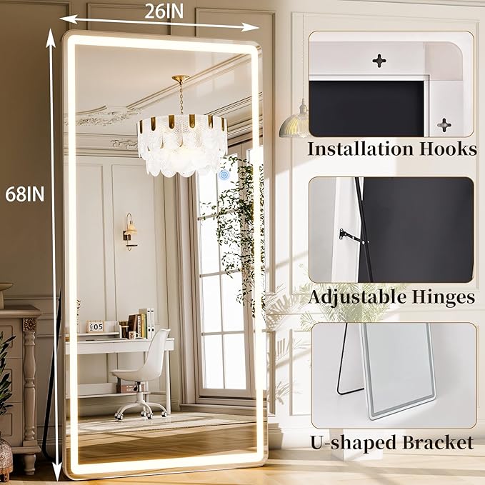 GLSLAND 26"x68" LED Full Length Mirror - Full Body Mirrors with Lights Dimmable 3 Color Lighting Floor Standing Mirror Hanging for Bedroom Living Room Cloakroom,White