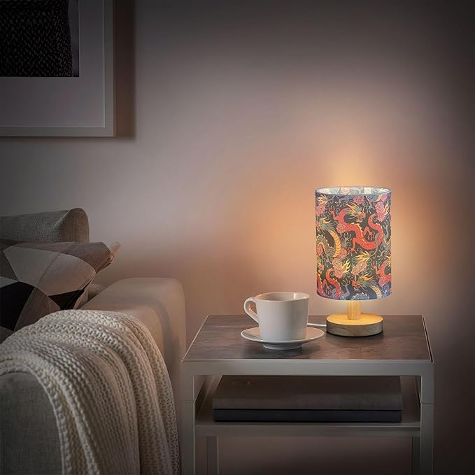 Table Lamp Chinese Dragon Fight in Flower Pattern on Dark Blue Nightstand Lamp with Wood Base Fabric Lamp Shade Bedside Desk Lamp for Living Room Bedroom Kids Room Office