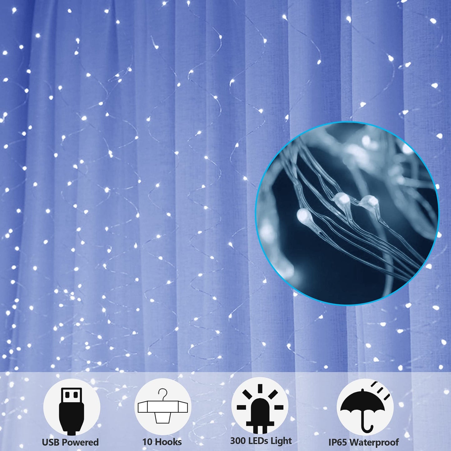 HOME LIGHTING 300 LED Window Curtain String Lights, Copper, 8 Lighting Modes, USB Powered, Waterproof, Cool White