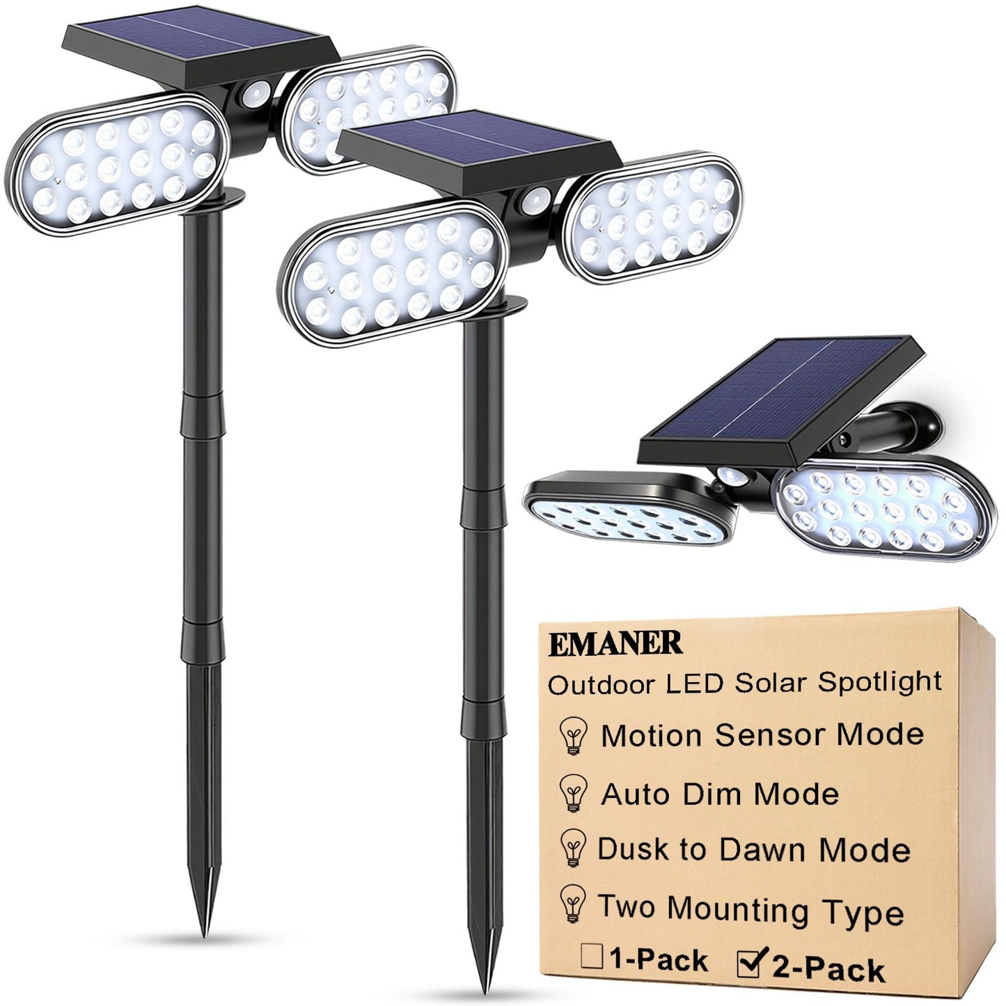 EMANER Solar Floodlight, Motion Sensor & Dusk to Dawn, 2-Pack, Black, ABS + Aluminum, Model YH0518-PIR