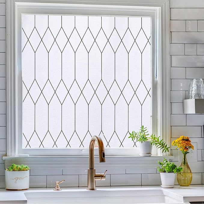 Windimiley Window Privacy Film Stained Glass Static Clings, Bathroom Frosted Leaded Decorative Window Stickers, UV Heat Blocking Opaque Removable for Home Door Coverings (35.4 x 78.7 in,White)