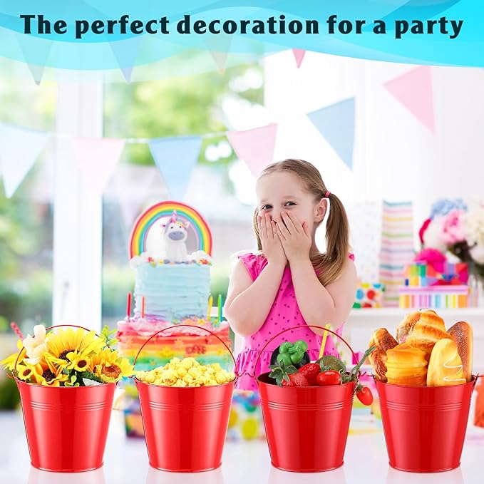Rtteri 24 Pcs Metal Bucket, Small Metal Bucket, Party Favor Buckets with Handle, 6 x 5 Inch Ice Bucket for Kids, Flower Pot Plant Basket, Mini Toy Containers for Crafts Candy (Red)