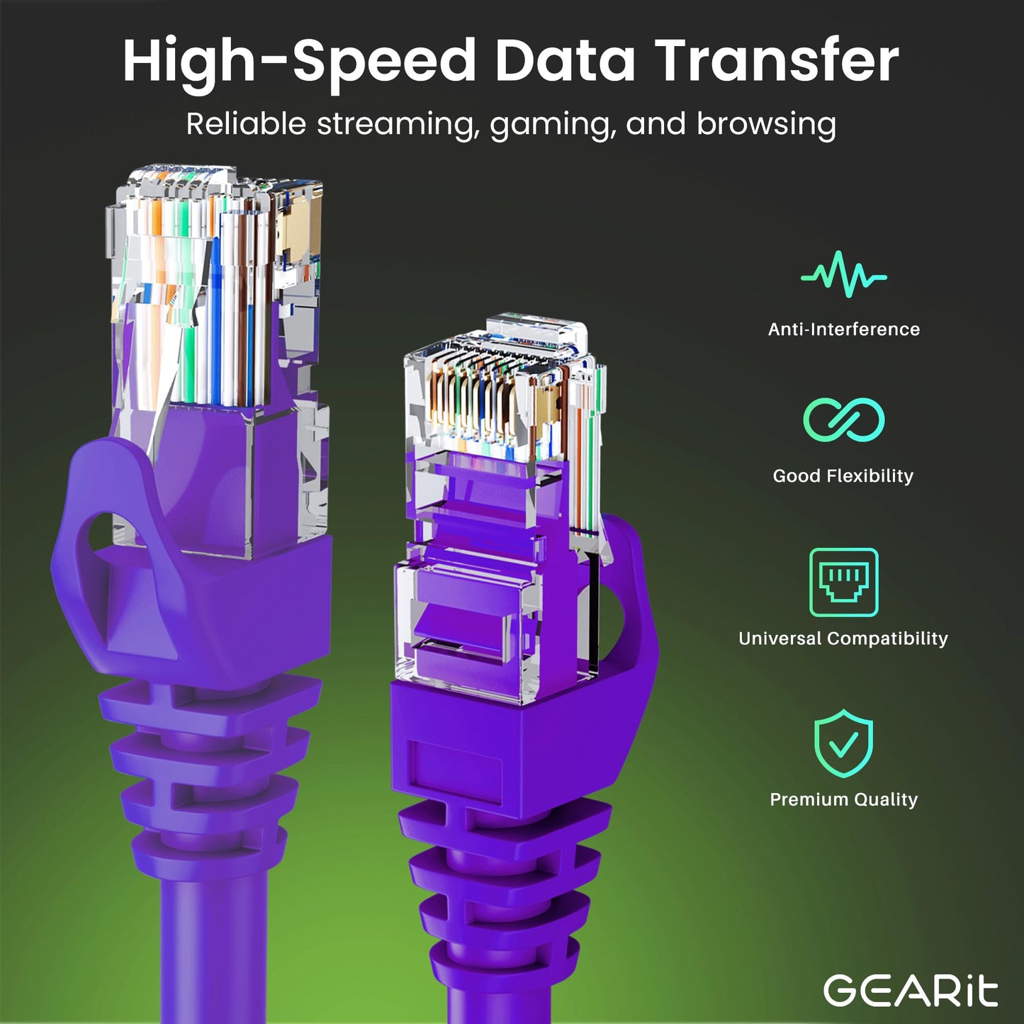 Gearit 100-Pack Cat6 Patch Cable 1 Foot Cat 6 Ethernet Cable Snagless Flexible Soft Tab - Premium Series - Purple