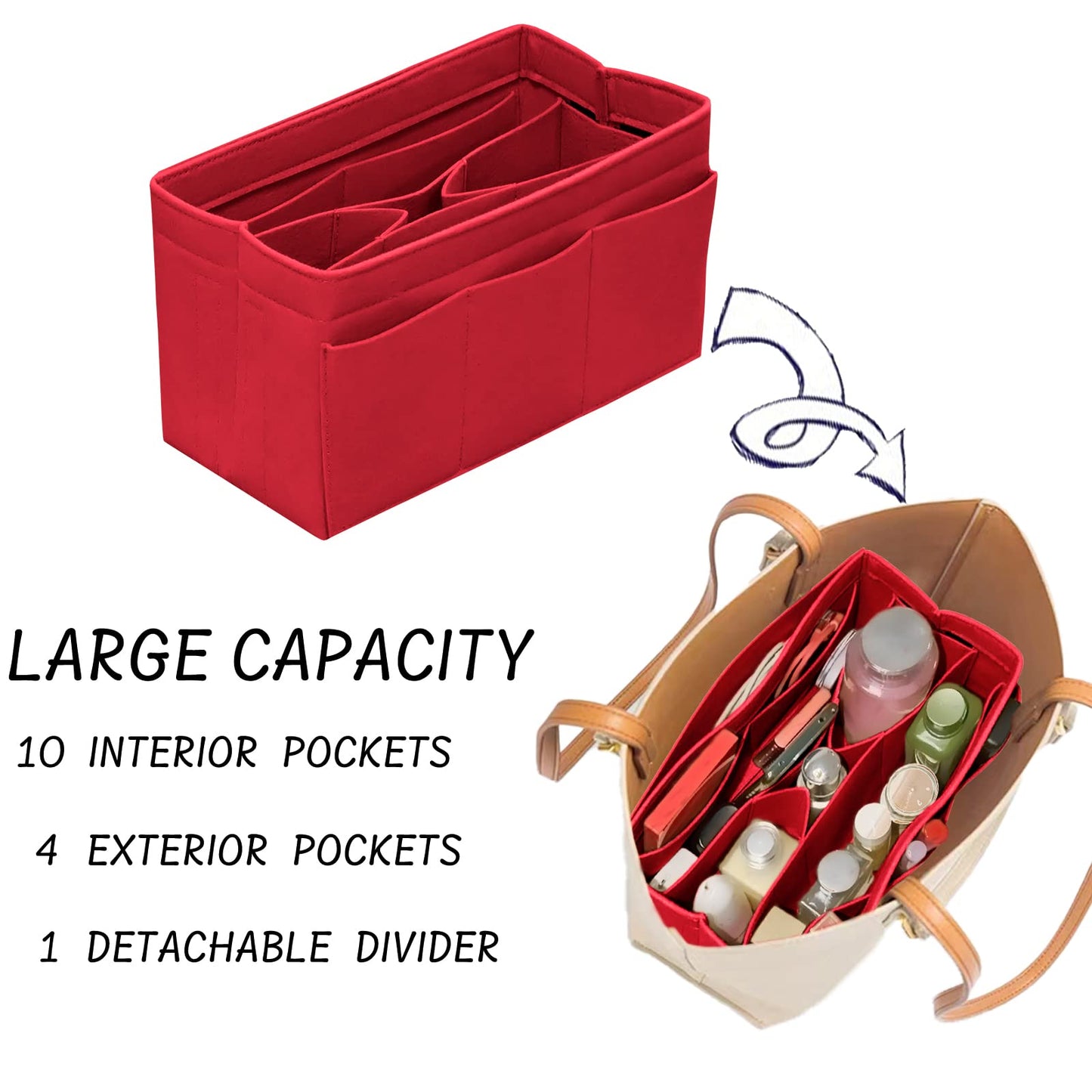 DailyPlus Purse Organizer Insert with Zipper Felt Bag Organizer for Tote Purse Bag Red XLarge