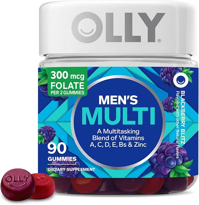 OLLY Goodbye Stress Gummy, GABA, L-Theanine, Lemon Balm, Berry - 60 Count Men's Multivitamin Gummy, Vitamins A, C, D, E, B, Lycopene, Zinc, BlackBerry - 90 Count Bundle