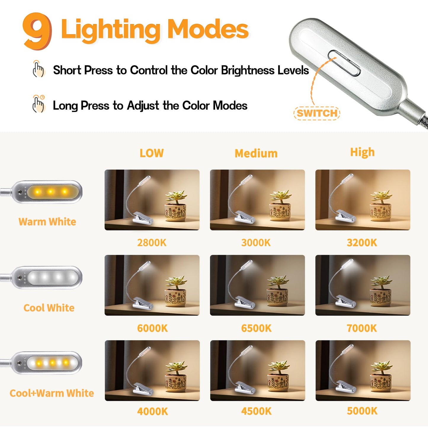 VAVOFO Rechargeable Book Light, 7 LED, 9-Level Brightness, Eye Care, Silver, Model KM-6720