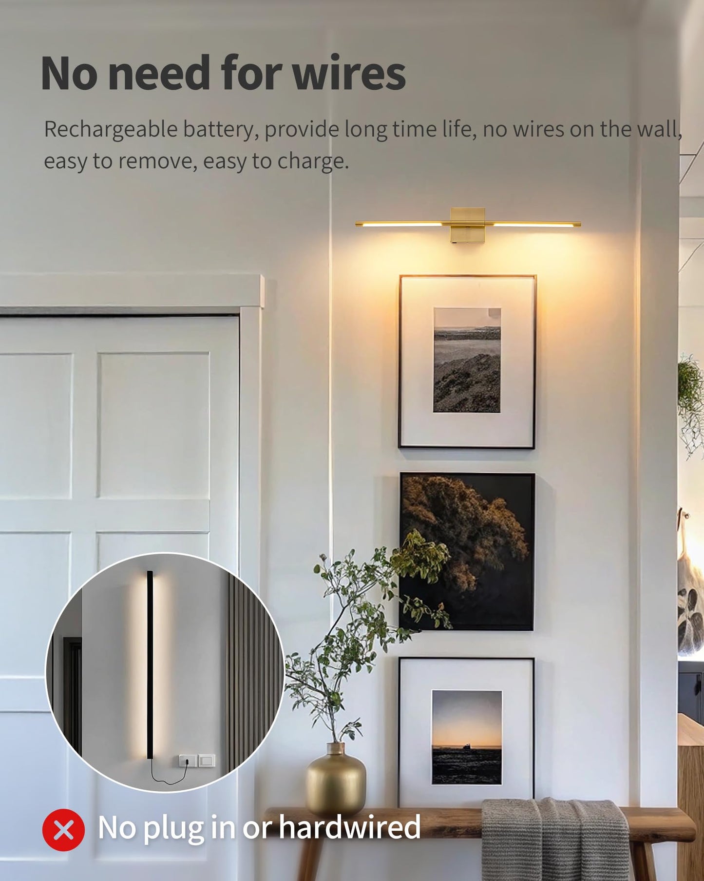 KDG Cordless Wall Sconces, LED Wall Lamps with Remote Control, 7000mAh Battery, 23.6 inch, Gold, Model AMZ-TBL-037