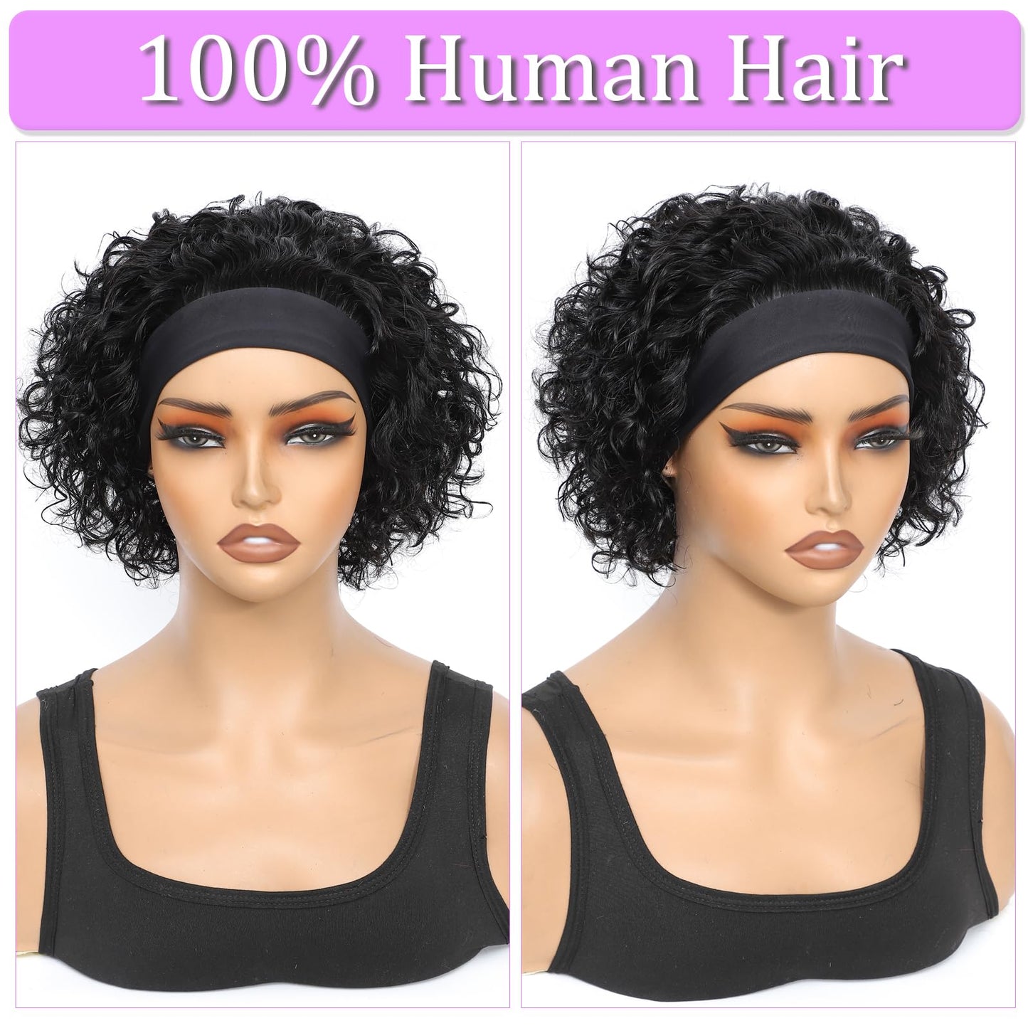 Betufllo Headband Wig Human Hair Wigs for Black Women Curly Pixie Headband Human Hair Wigs Put on and Go Glueless Wig Natural Bl