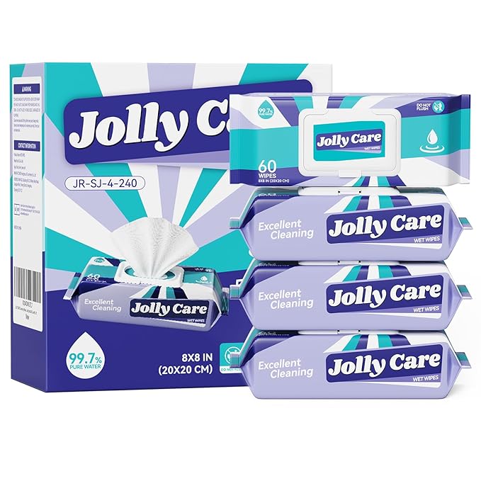 Wet Wipes for Adults, Adult Wipes for Hands and Body, Unscented Hand Wipes, Fragrance-free, Alcohol-free, 99% EDI Pure Water, 4 Flip-Top Packs (240 Wipes Total)