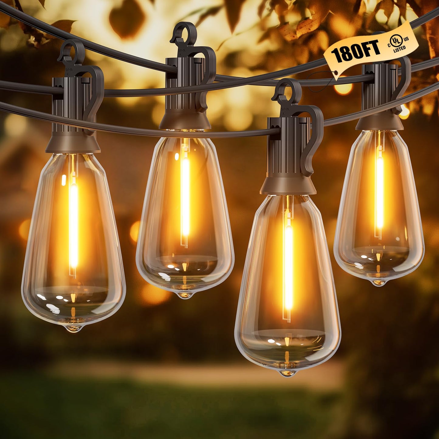 Brightown Outdoor String Lights, 180FT, 60+2 LED, Shatterproof, Dimmable, IP65 Waterproof, Black, Model GYPC-O60LAU