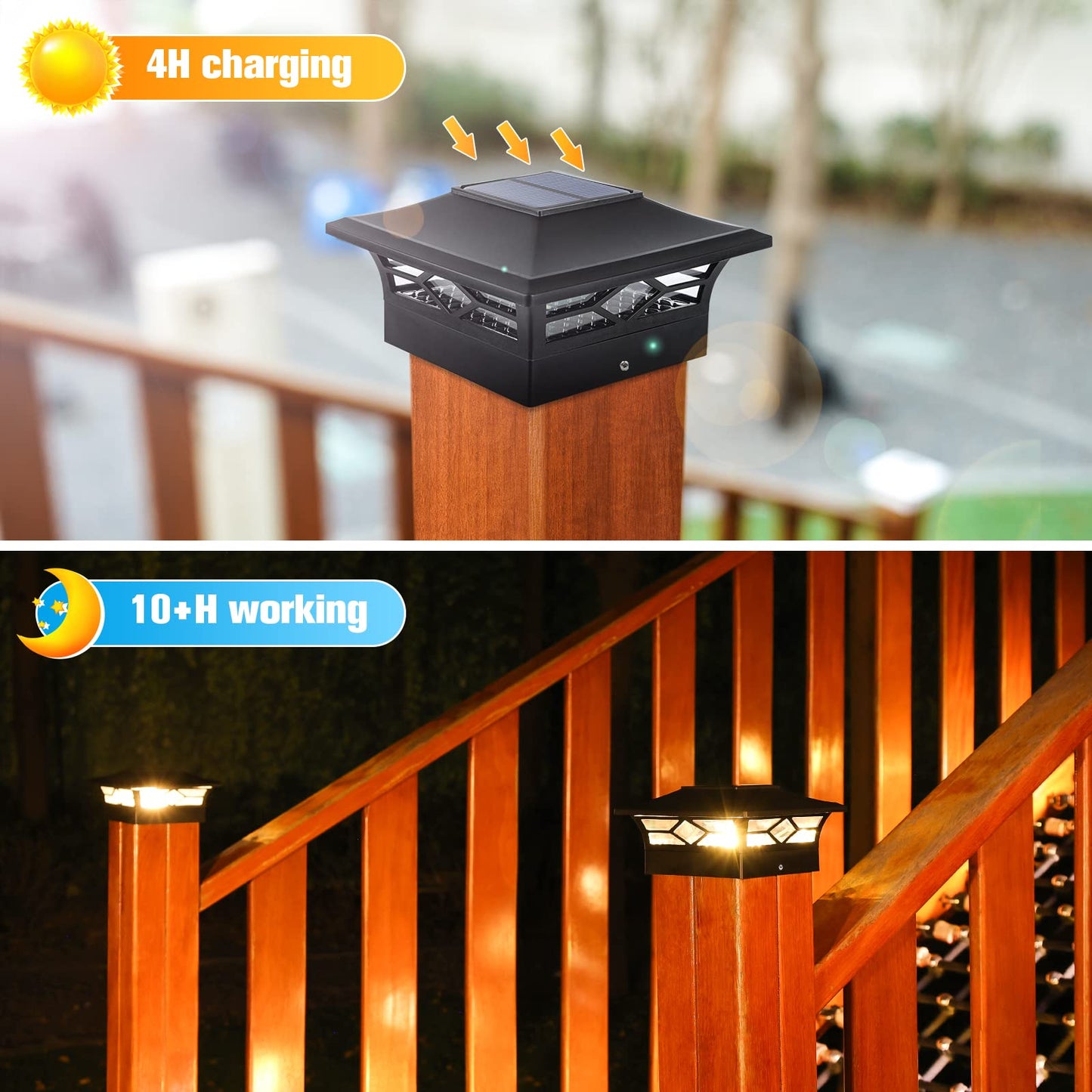 VOLISUN Solar Post Cap Lights 4-Pack, Black, Waterproof, Warm White, Fits 4x4/6x6 Posts, Model 21176ZM, Durable ABS Material