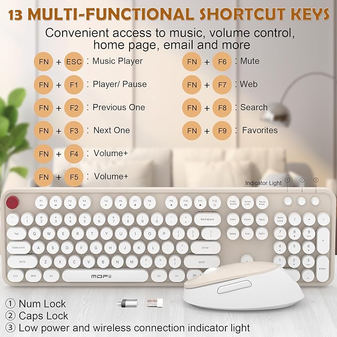 Cream Wireless Keyboard Mouse, COOFUN 104 Keys Full Size White Keyboard Ergonomic Cordless Keyboards Cute Colorful Retro Typewriter Key Board for Windows, PC, Laptop, Desktop (Creamy)