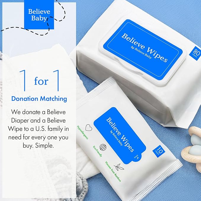 Believe Viscose Bamboo Baby Wipes Travel-Size 10pc-10 packs, Multi-Use Water Based Wipes Baby Sensitive Skin, Hypoallergenic and Fragrance Free for Babies – Gentle Plant-Based Viscose Bamboo Wet Wipe