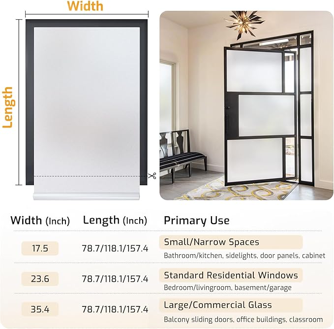 LUTE Window Privacy Film, Frosted Glass Window Film for Bathroom, Static Cling Removable Heat Control Glass Coverings, Non Adhesive Opaque Door Sticker for Home Office (Pure, 17.5" x 78.7")