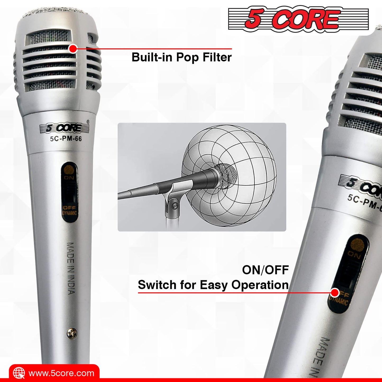 5 Core Microphone Dynamic Vocal Handheld Mic Cardioid Unidirectional Microfono W On Off Switch + Xlr Audio Cable For Singing - P