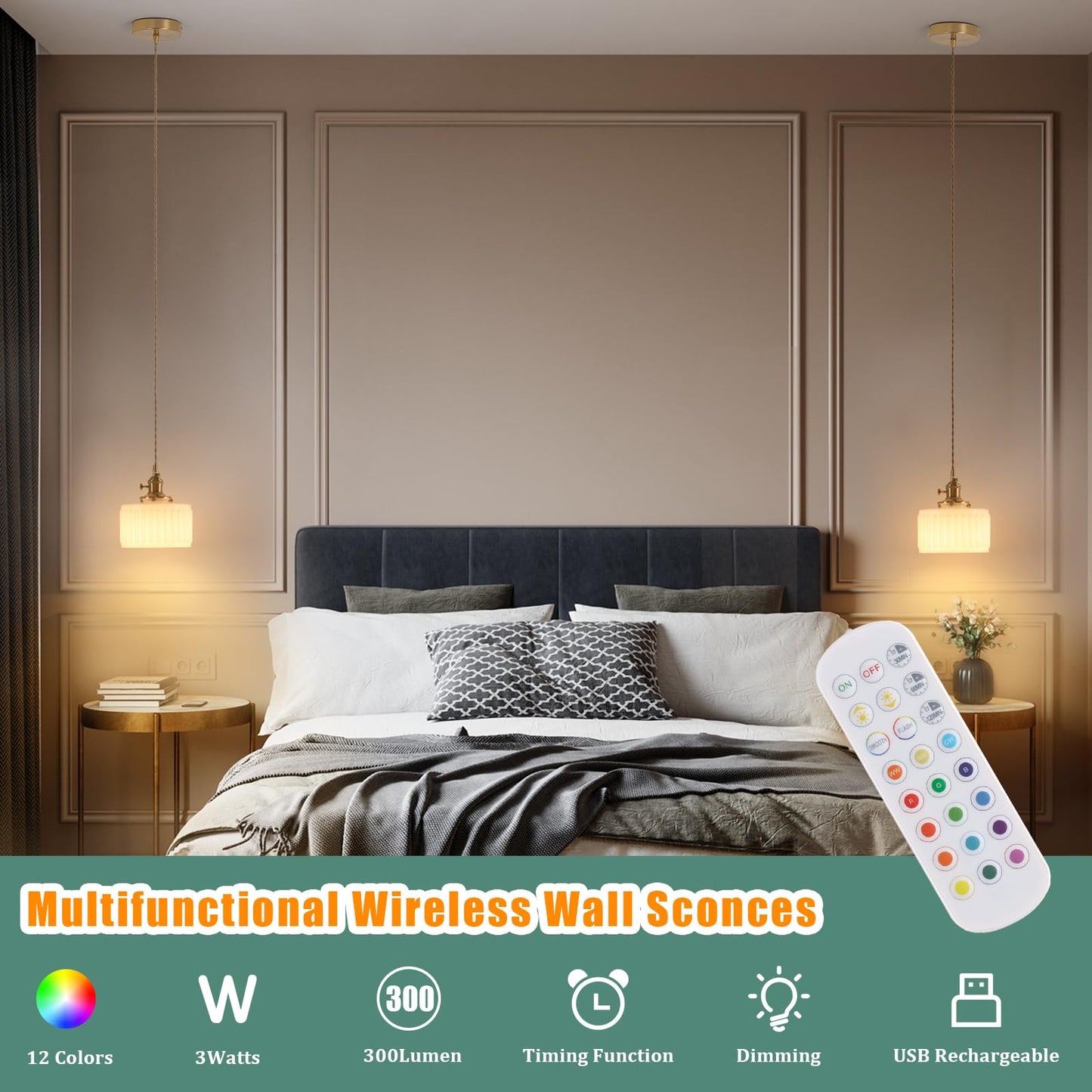 Shenmoyl Battery Operated Pendant Light 2 Pack, Remote Control, Z-Striped White, Glass, Model 5b1d95ff-9d4d-41e0
