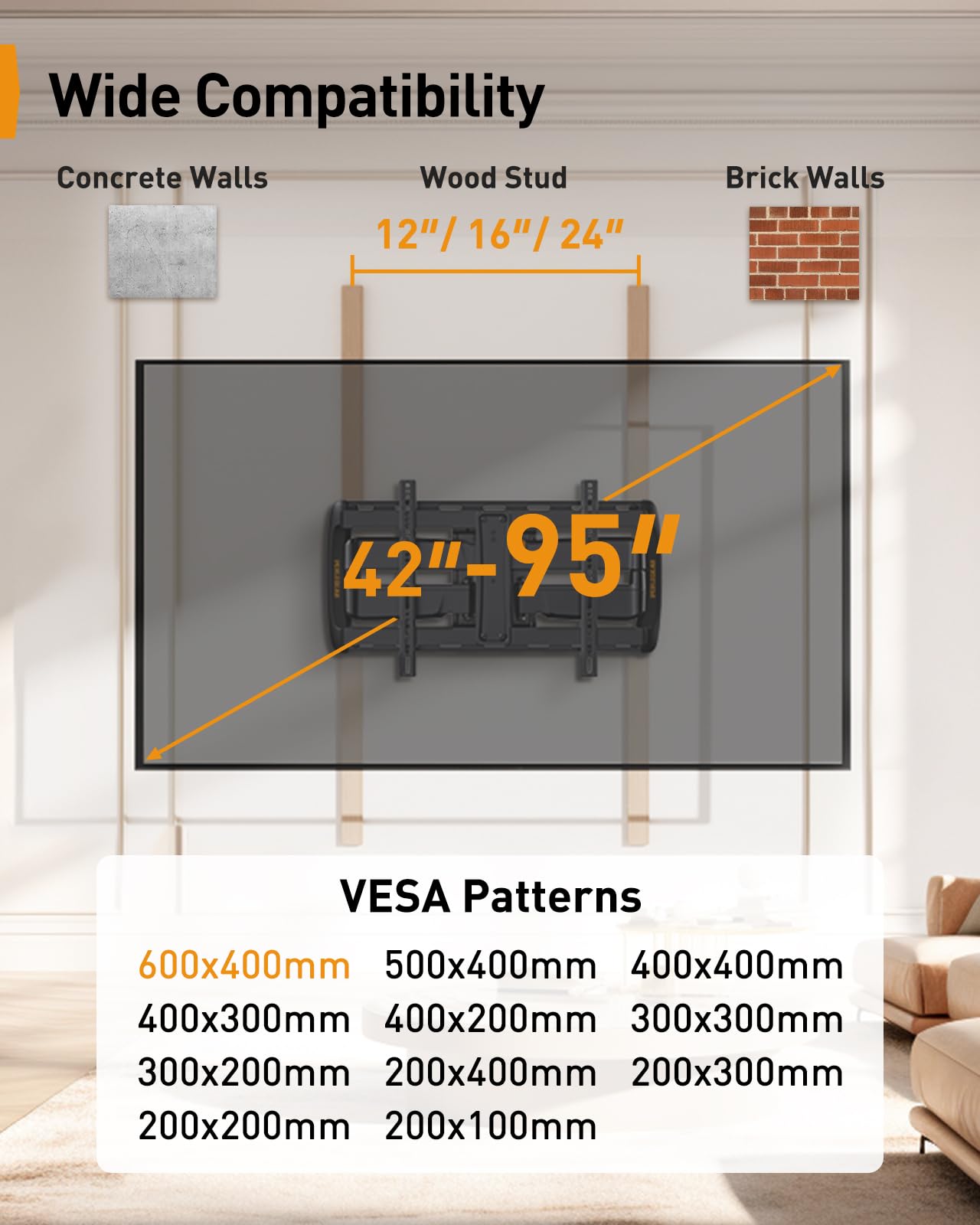 Perlegear Sliding TV Wall Mount for 42-95″ TVs up to 150 lbs with Cable Management, Tool-Free Tilt, Swivel & Extension, Fits 12″/16″/24″ Wood Studs, Max VESA 600x400mm, PGTVM41B